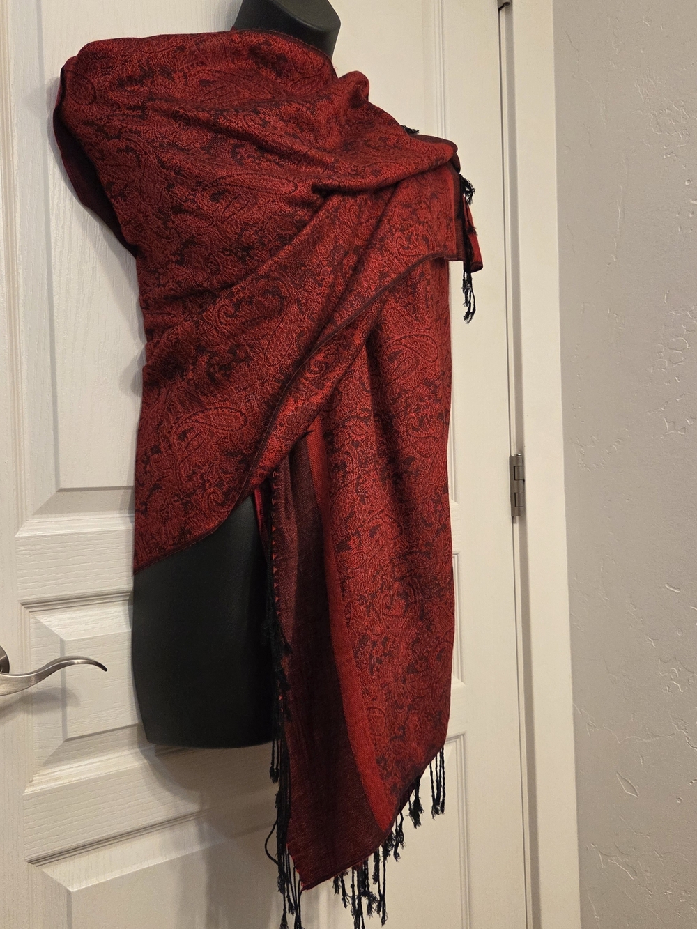 Pashmina Red Paisley Triple Panel Wrap with Black Fringe And Elongated Hood